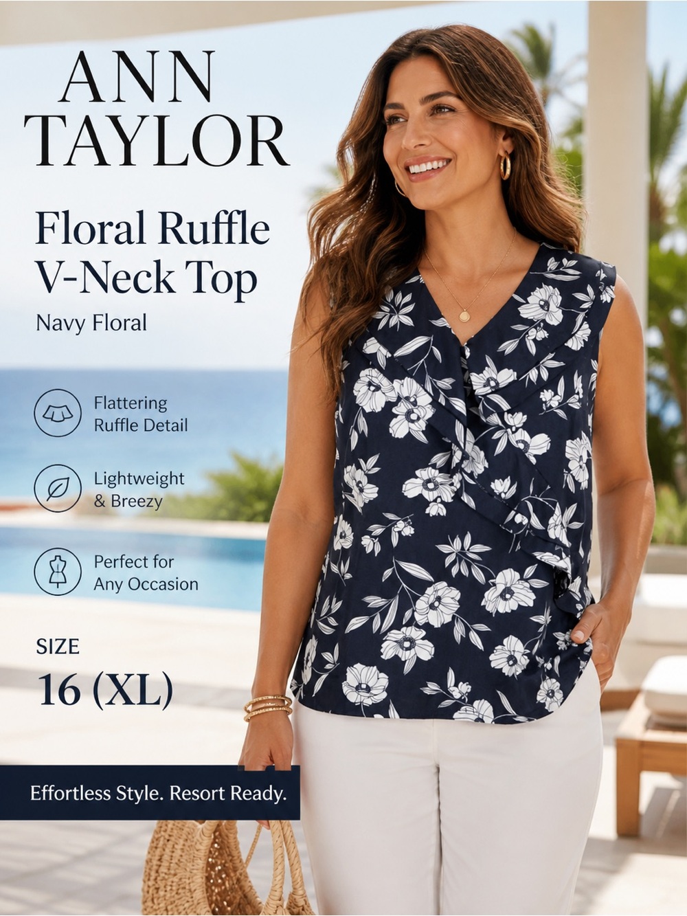 Ann Taylor size 16 xl Sleeveless Navy Floral Ruffle V-Neck Top